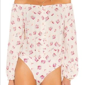 Ness Bodysuit in Blanc Blush Floral- Thong and off the shoulder